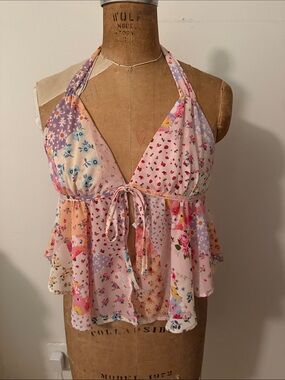 SHEIN Pink Patchwork Floral Halter Peplum Camisole